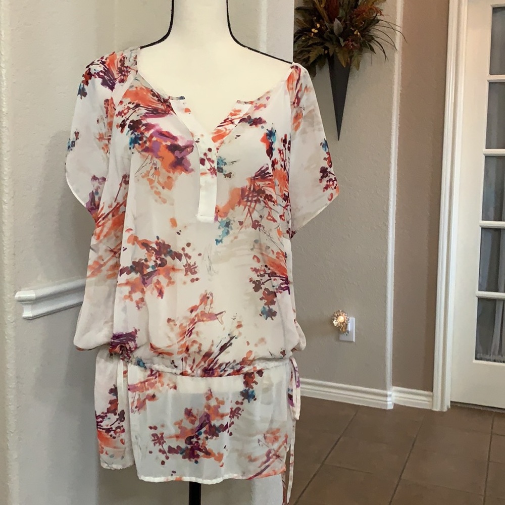 a.n.a white with orange & purple abstract print sheer peplum top blouse Size 2X